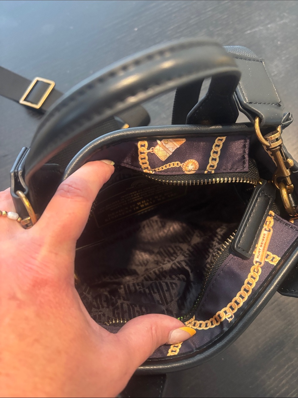 Kurt Geiger London mini Quilted Black Crossbody Bag with Gold Chain Print - Picture 7 of 12